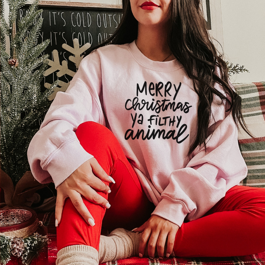 Merry Christmas Ya Filthy Animal Light Pink Crewneck Sweatshirt